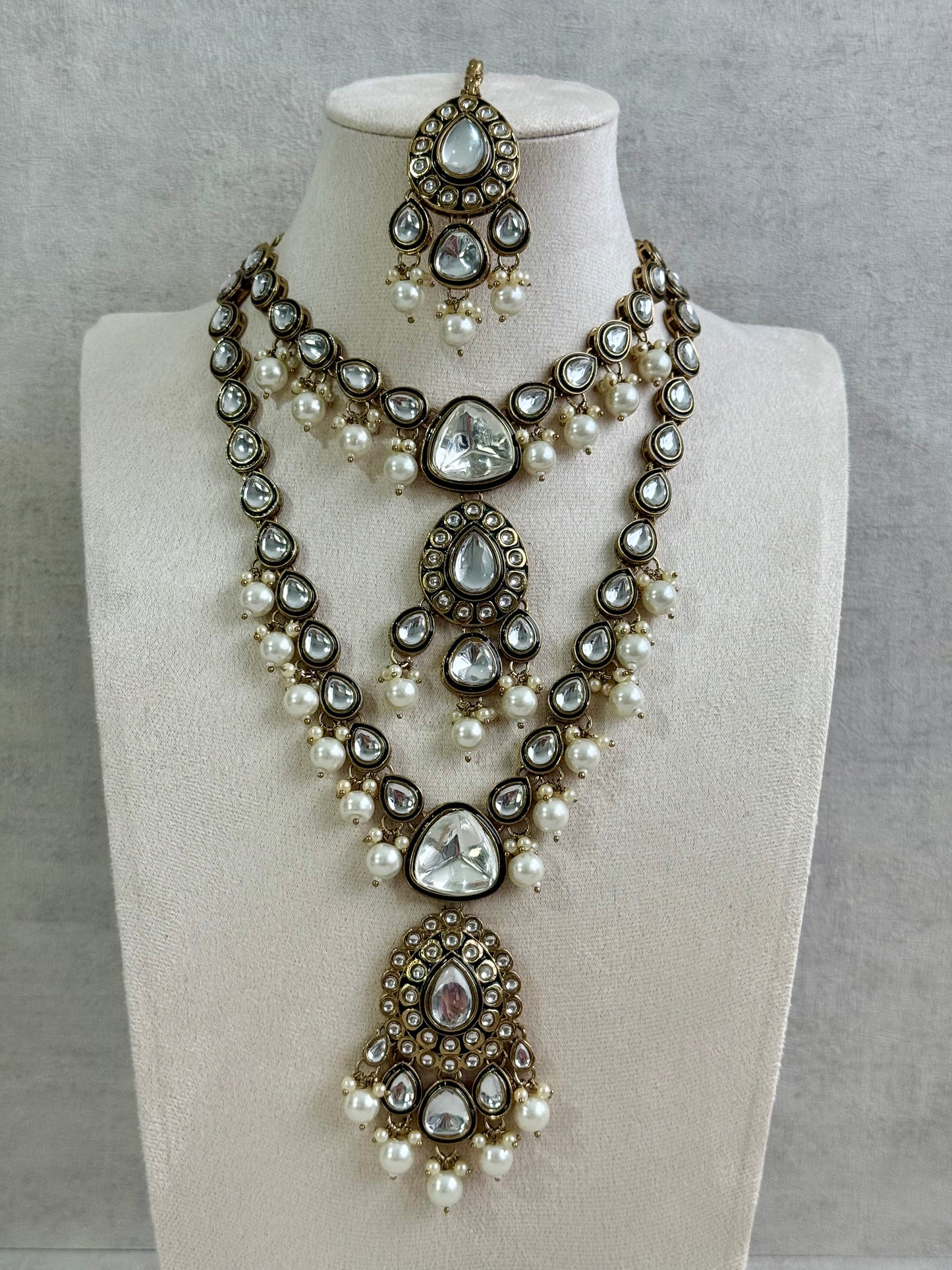 Ayura Designs Kalika Set with Necklace, Earrings, Tikka & Ring – Polki-Style Stones with Antique Green Enamel Detailing & Pearl Drops