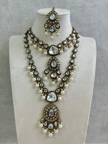 Ayura Designs Kalika Set with Necklace, Earrings, Tikka & Ring – Polki-Style Stones with Antique Green Enamel Detailing & Pearl Drops