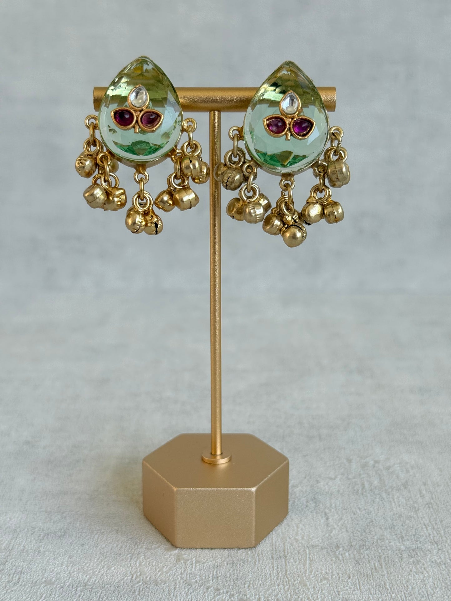 Ayura Designs Aykai Earrings – Pistachio Teardrop Stud Earrings with Clear Kundan Stones and Gold Ghungroo Drops
