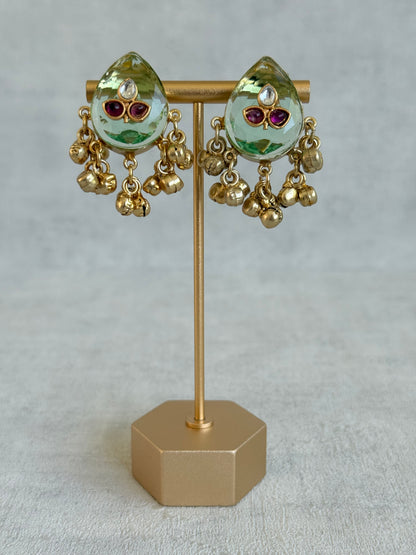Ayura Designs Aykai Earrings – Pistachio Teardrop Stud Earrings with Clear Kundan Stones and Gold Ghungroo Drops