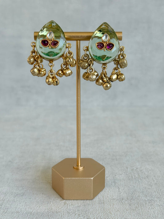 Ayura Designs Aykai Earrings – Pistachio Teardrop Stud Earrings with Clear Kundan Stones and Gold Ghungroo Drops