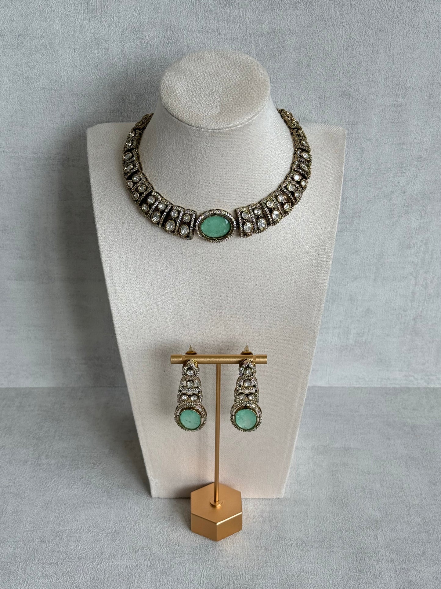 Ayura Designs Sadie Necklace Set with Earrings – Mint Green Centre Stone, Moissanite Style Stones & Crystal Halo Detailing