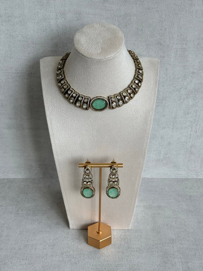 Ayura Designs Sadie Necklace Set with Earrings – Mint Green Centre Stone, Moissanite Style Stones & Crystal Halo Detailing