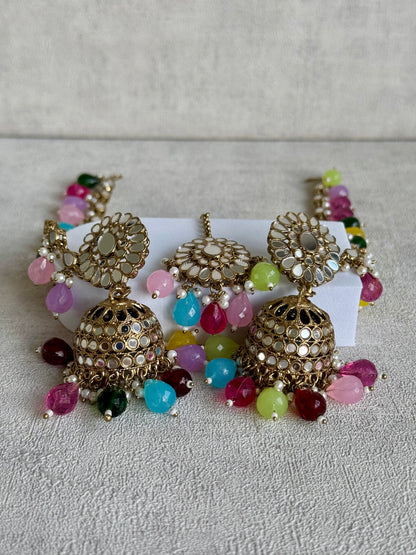 Ayura Designs Fitoor Tikka Set – Mirror Work with Multicolour Beads, Pearl Detailing & Matching Sahare