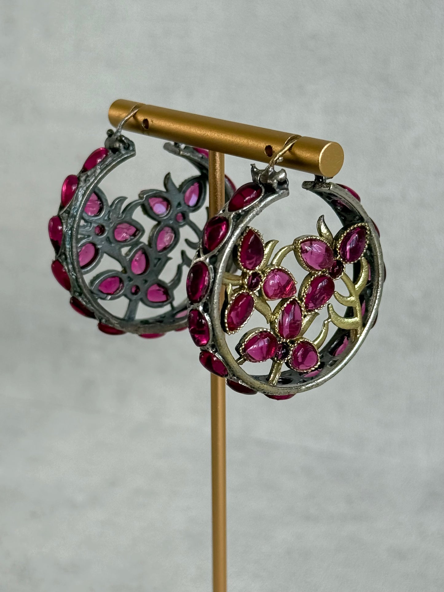 Ayura Designs Nureh Earrings – Dual Tone Floral Hoop Earrings with Ruby Pink Stones & Cutwork Detailing