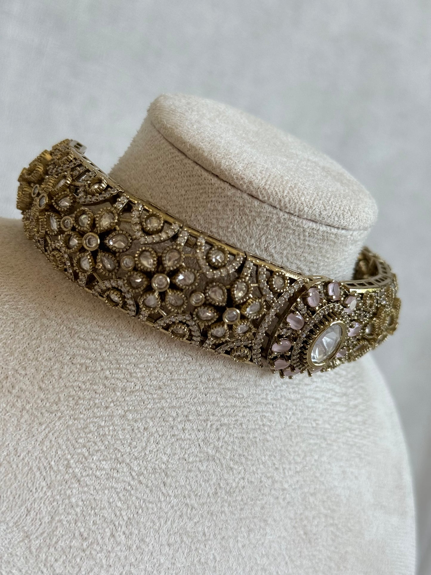 Ayura Designs Genevieve Choker Set with Studs – Blush Pink Crystal Kundan in Antique Gold