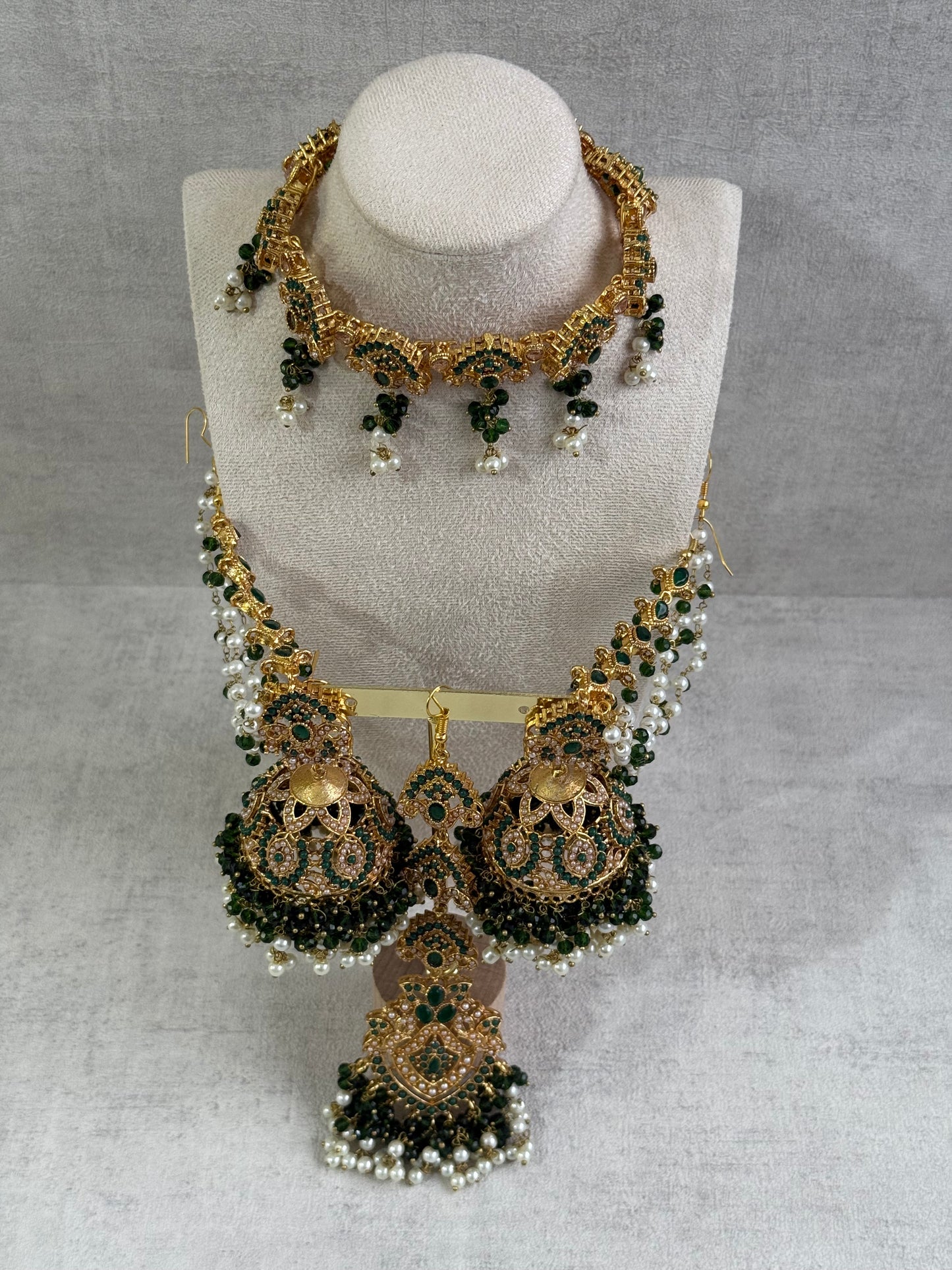 Ayura Designs Noor Set – Choker, Jhumkis with Sahare & Tikka in Emerald Green with Pearl Detailing