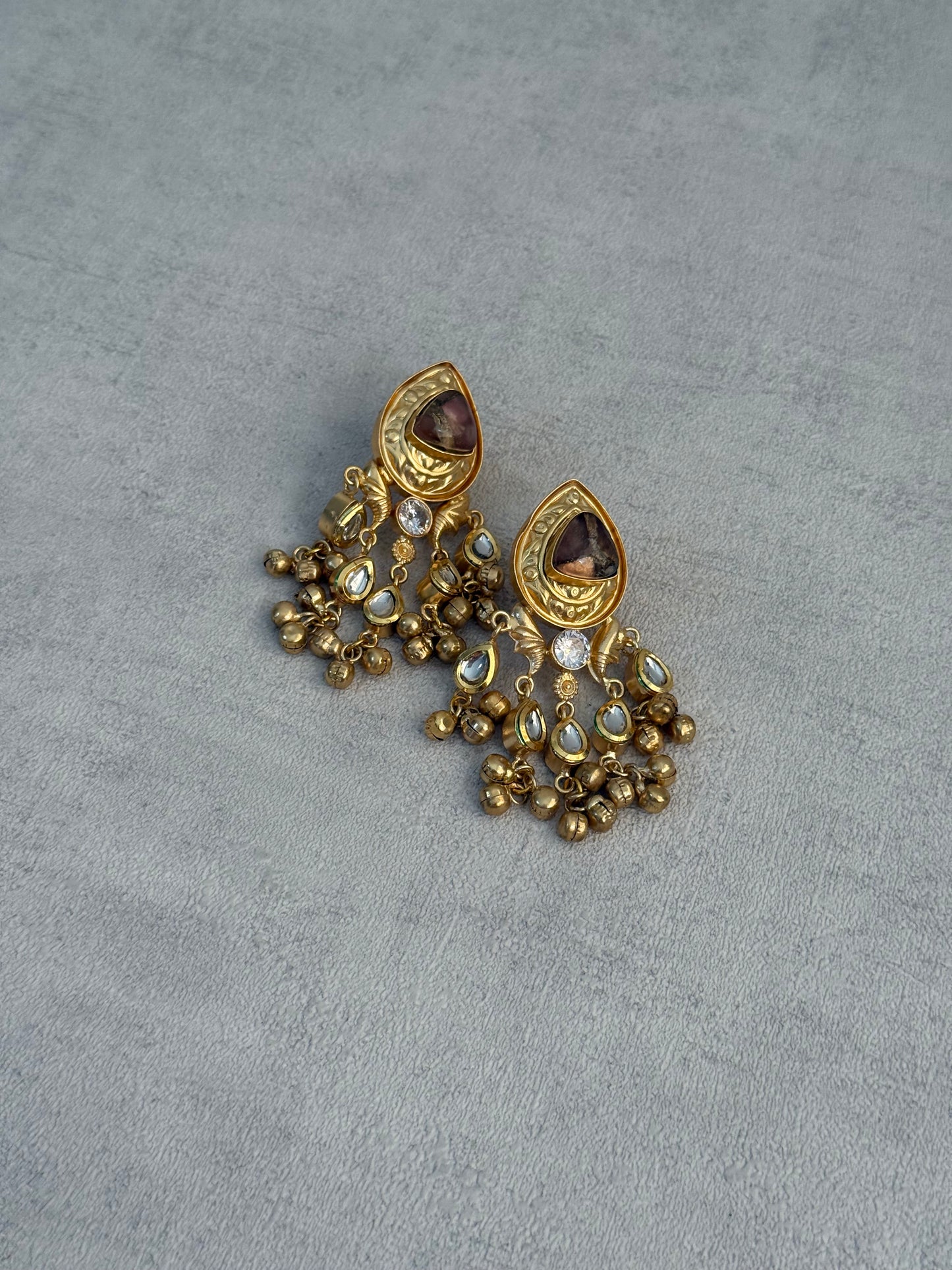Ayura Designs Arheer Earrings – Brown Marble with Kundan Detailing & Antique Gold Ghungroos