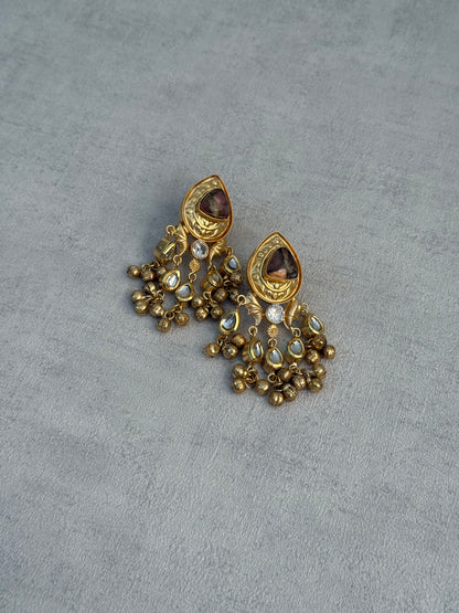 Ayura Designs Arheer Earrings – Brown Marble with Kundan Detailing & Antique Gold Ghungroos
