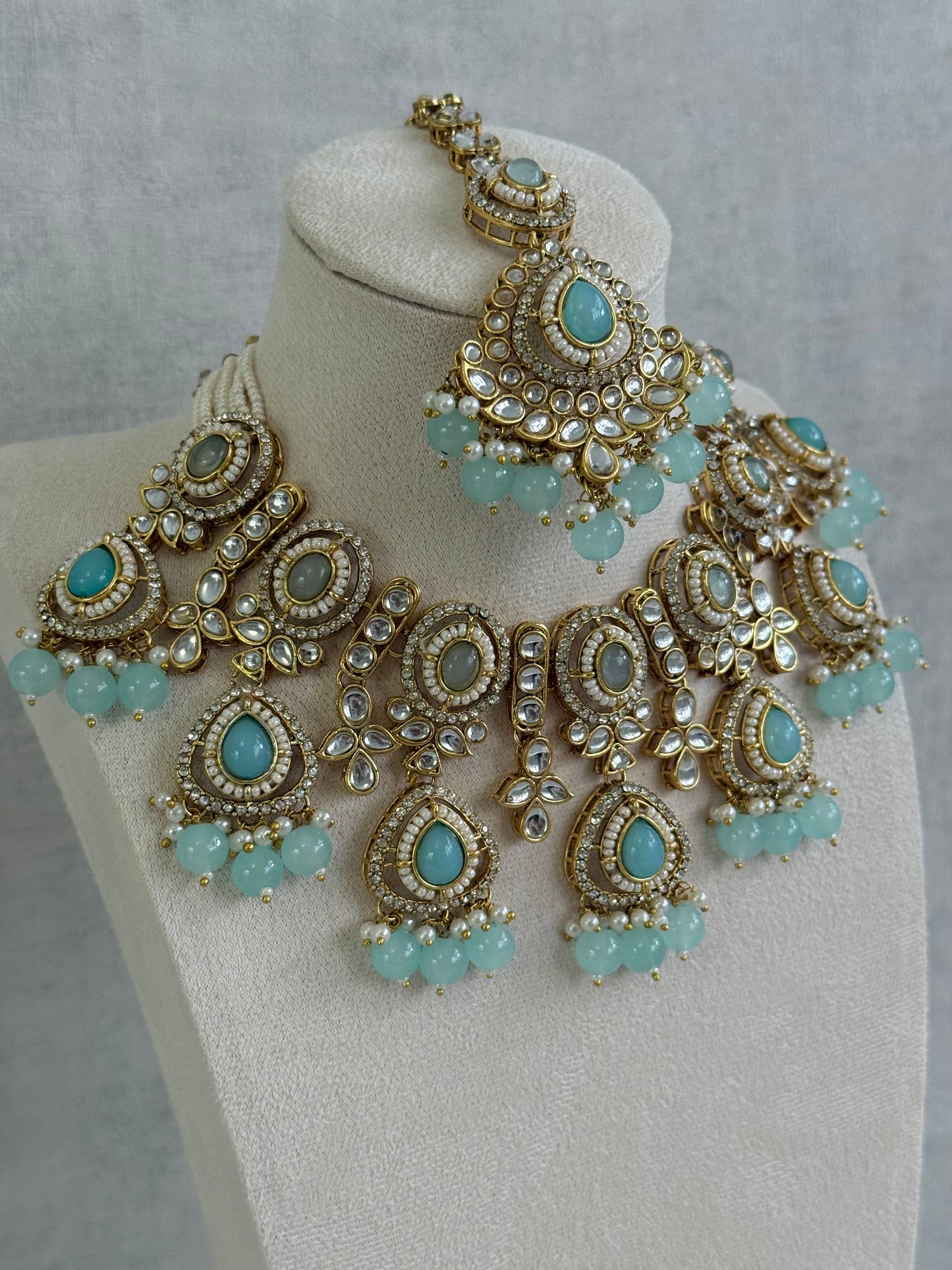 Ayura Designs Janvi Set with Necklace, Earrings & Tikka – Kundan Detailing, Aqua Blue Beads & Ivory Pearl Drops