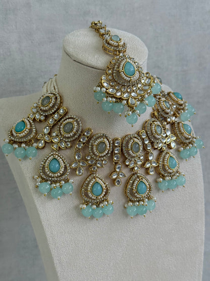 Ayura Designs Janvi Set with Necklace, Earrings & Tikka – Kundan Detailing, Aqua Blue Beads & Ivory Pearl Drops