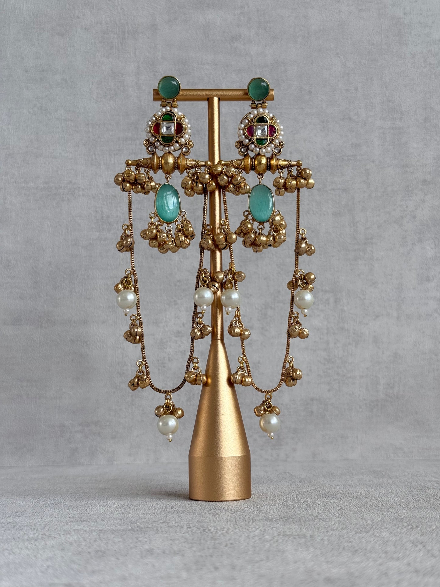 Ayura Designs Kashifa Earrings – Kashmiri Earrings with Mint Green Stone, Ghungroo Detailing & Pearl Drops