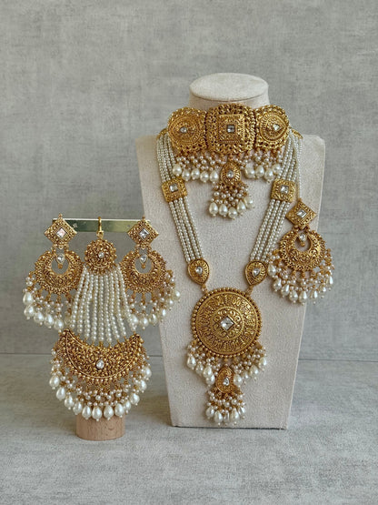 Ayura Designs Mannat Bridal Set with Choker, Haar, Earrings, Tikka & Passa – Ivory Pearls & Antique Gold Finish