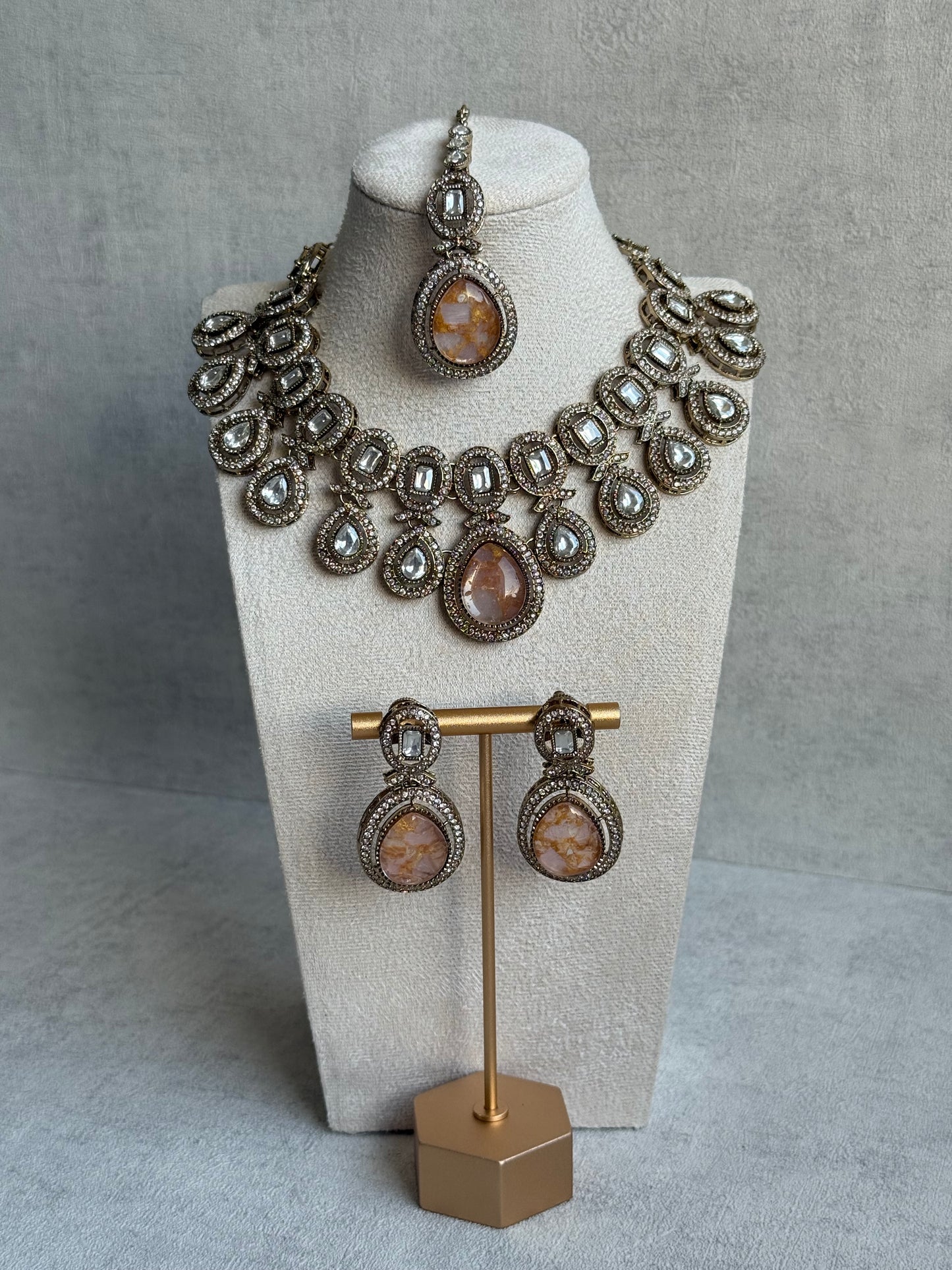 Ayura Designs Aurora Set with Earrings & Tikka – Peach & Ivory Stone with Mirror-Cut Accents in Antique Gold Finish