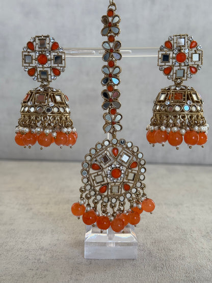 Ayura Designs Heer Tikka Set with Jhumkis – Carnelian Orange, Mirror & Polki Stonework