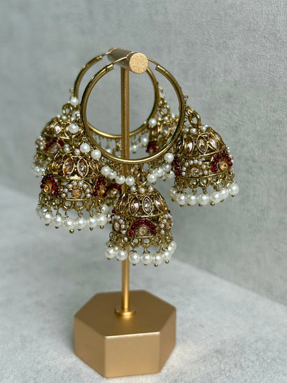 Ayura Designs Nakhra Balis – Ruby Red Triple Dome Earrings with Pearl Clusters & Mirror-Cut Detailing