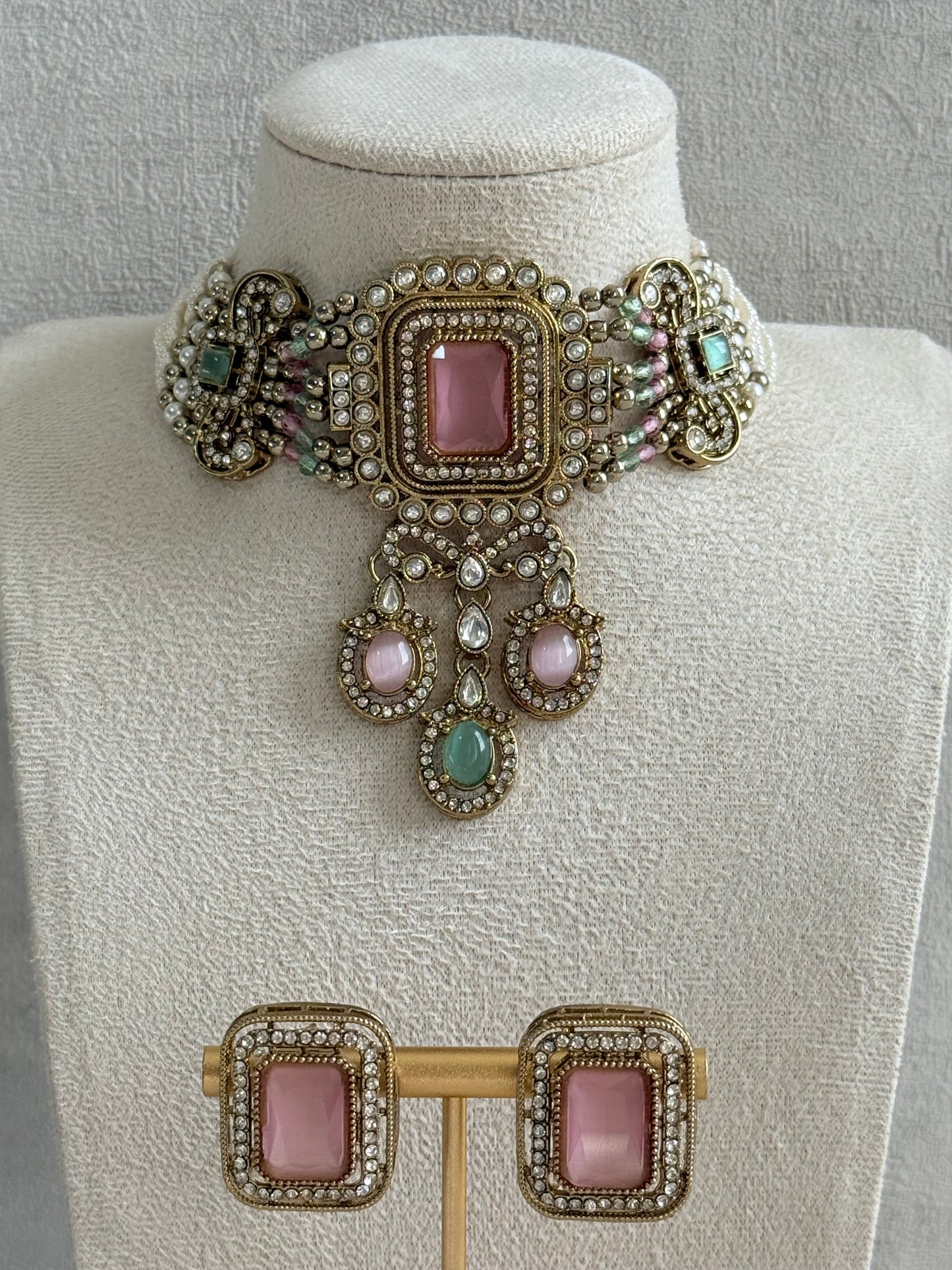 Ayura Designs Nabiha Choker Set with Studs – Blush Pink & Mint Green, Crystal Detailing & Gold Finish