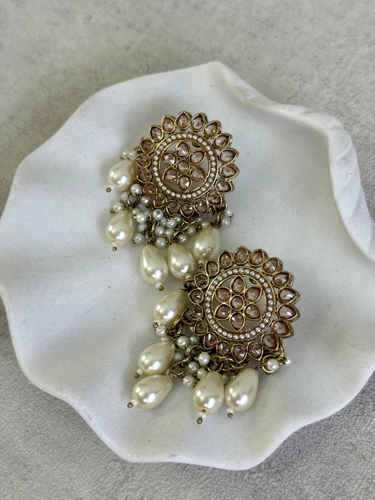 Ayura Designs Aynoor Lotus Ring Earrings – Antique Gold Finish with Mirror-Cut Stones & Pearl Drops