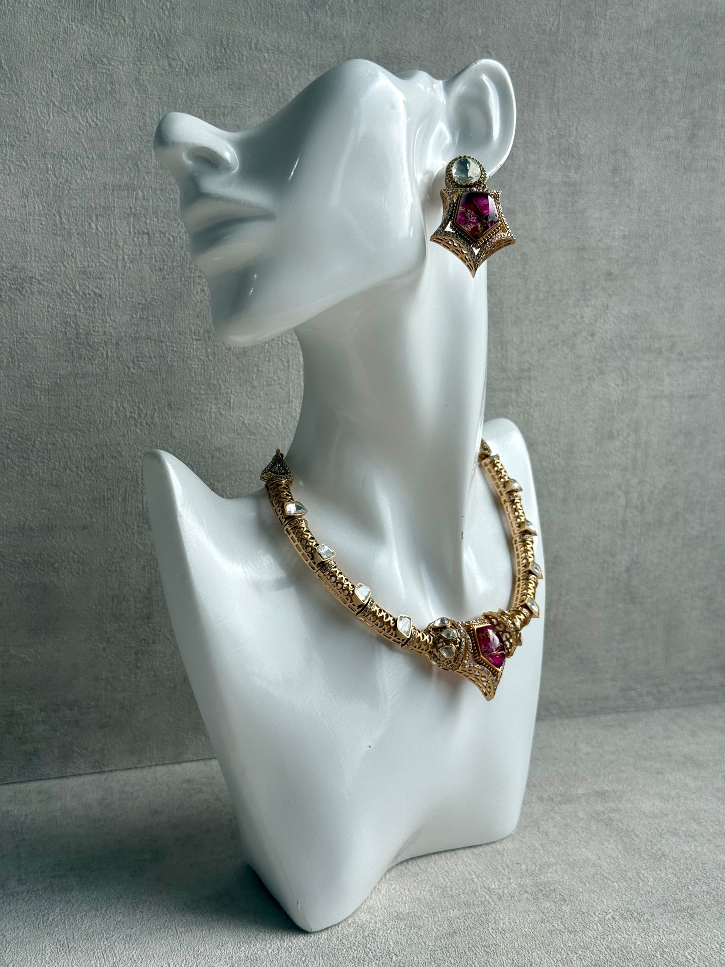 Ayura Designs Krupa Set – Necklace & Earrings with Magenta Stone featuring Natural Marbling, Mirror-Cut Kundan & Antique Gold Detailing