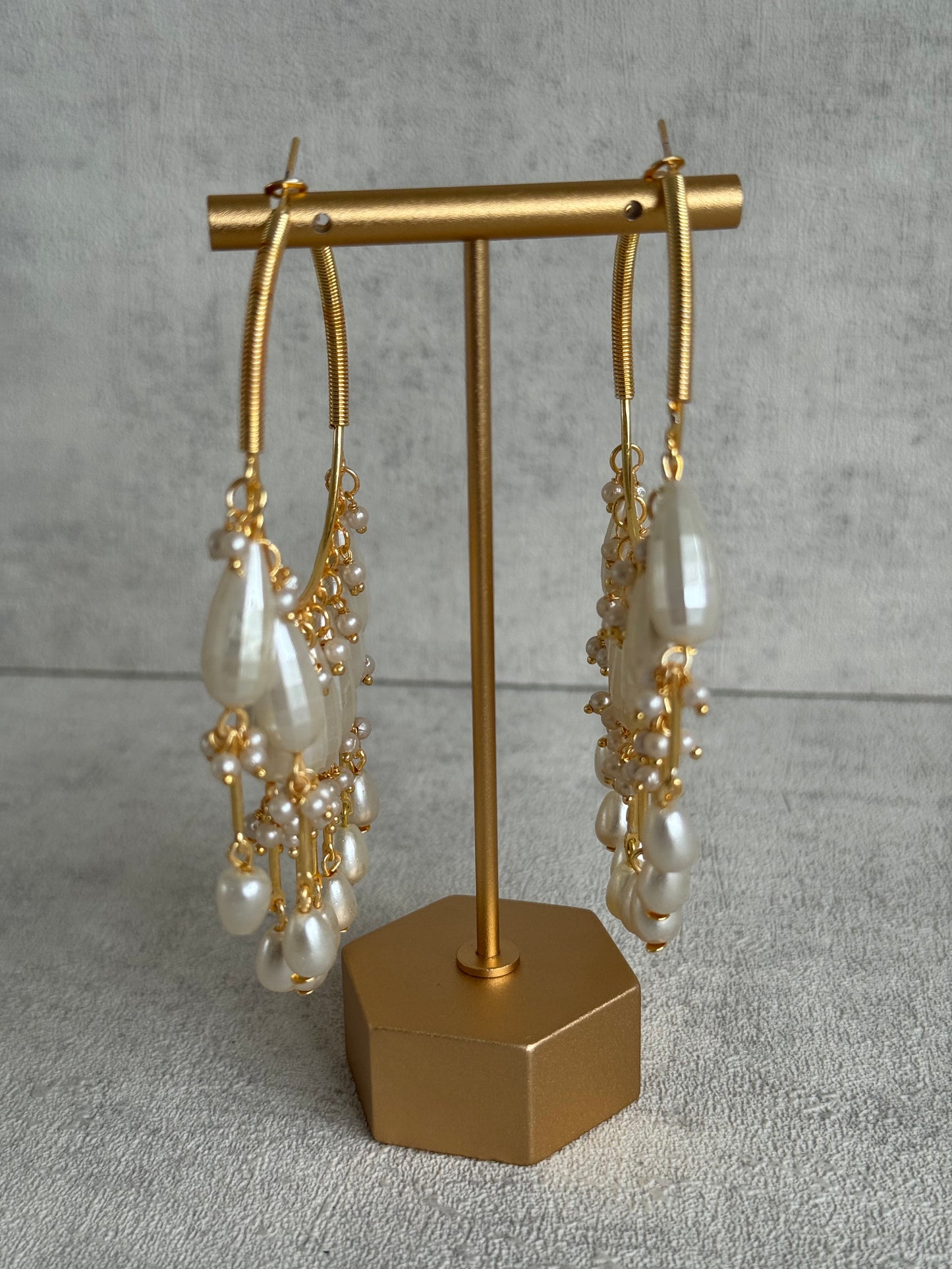 Ayura Designs Emery Balis – Gold Hoop Earrings with Faceted Pearl Drops & Fringe Detailing