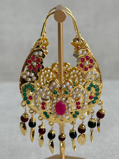 Ayura Designs Nimrat Balis – Pink & Multicolour Stones with Maroon & Green Beads and Pippal Patti Detailing