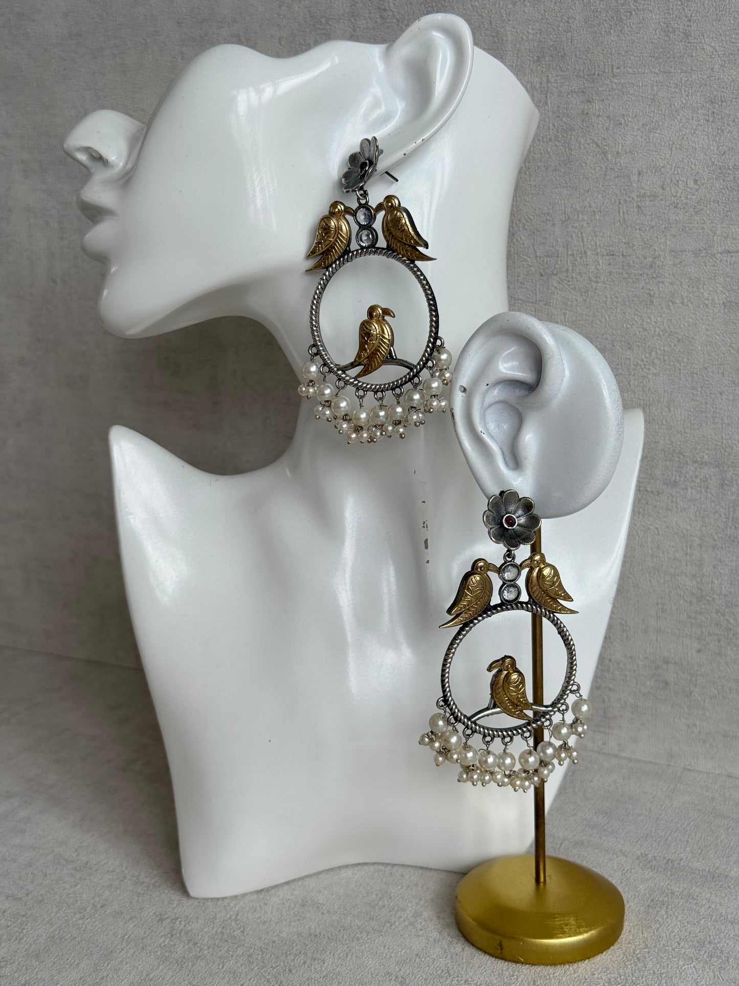 Ayura Designs Wasl Earrings – Dual Tone Oxidised Bird Hoop Earrings with Pearl Clusters