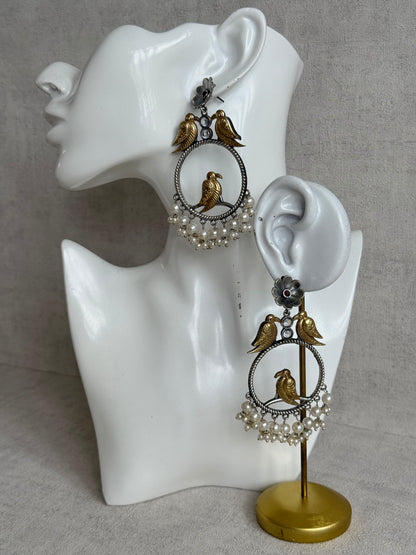Ayura Designs Wasl Earrings – Dual Tone Oxidised Bird Hoop Earrings with Pearl Clusters