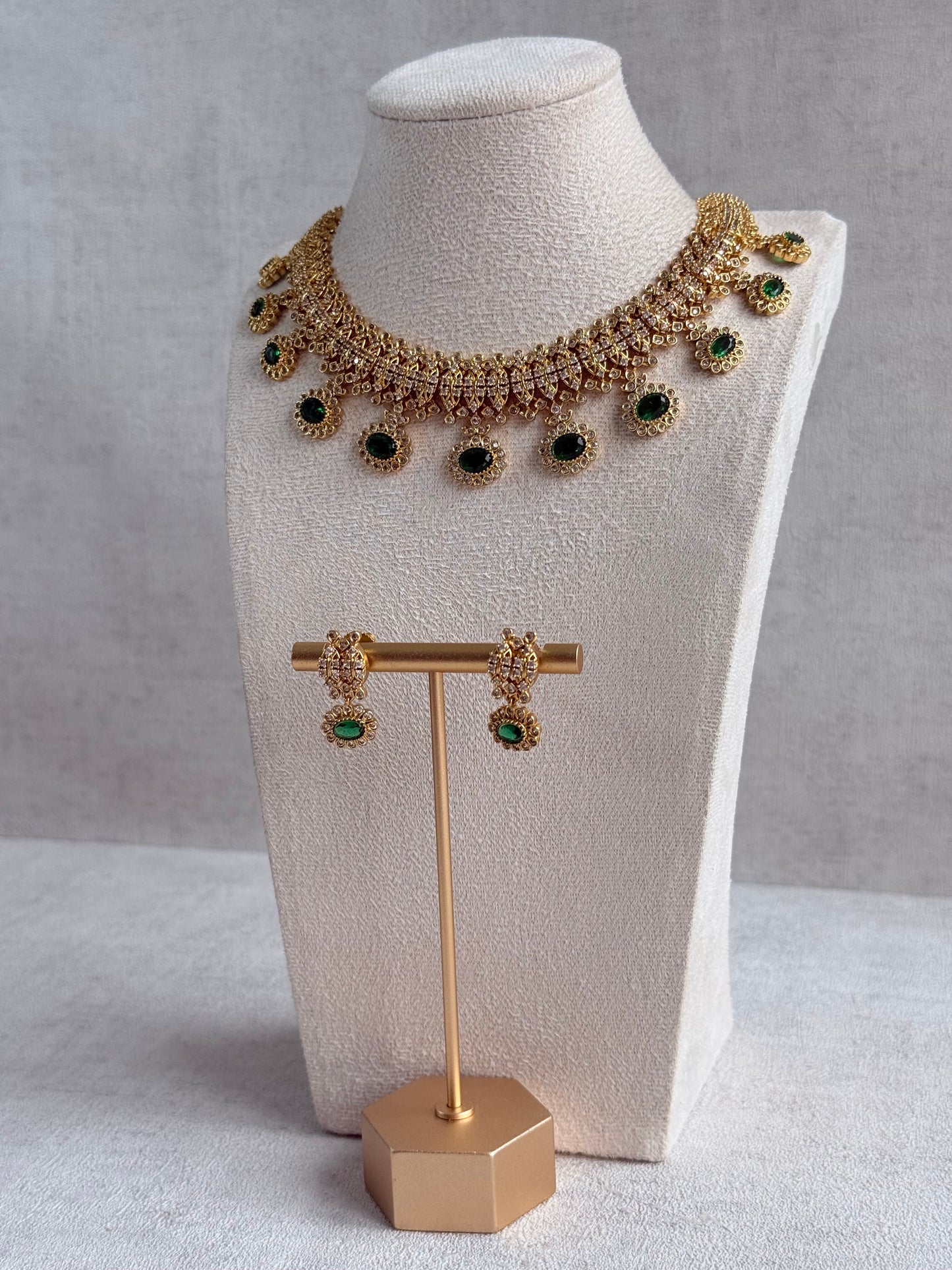 Ayura Designs Elisha Necklace Set with Earrings – Emerald Green & Crystal Stone Detailing