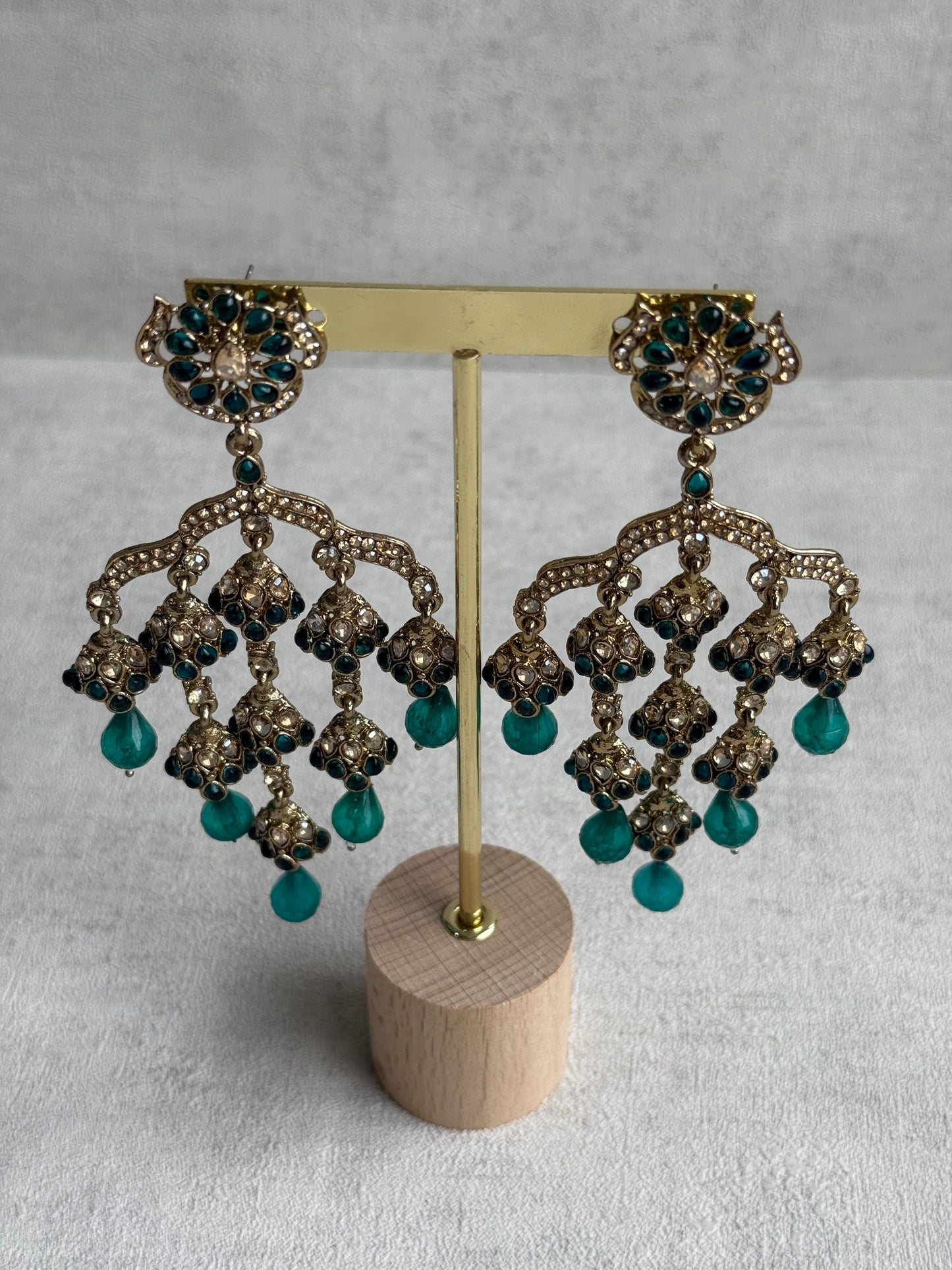 Ayura Designs Jasmine Earrings – Chandelier Earrings with Teal Green Beads & Antique Gold Detailing