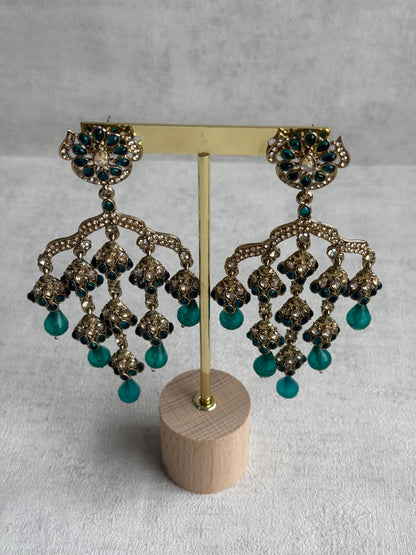 Ayura Designs Jasmine Earrings – Chandelier Earrings with Teal Green Beads & Antique Gold Detailing