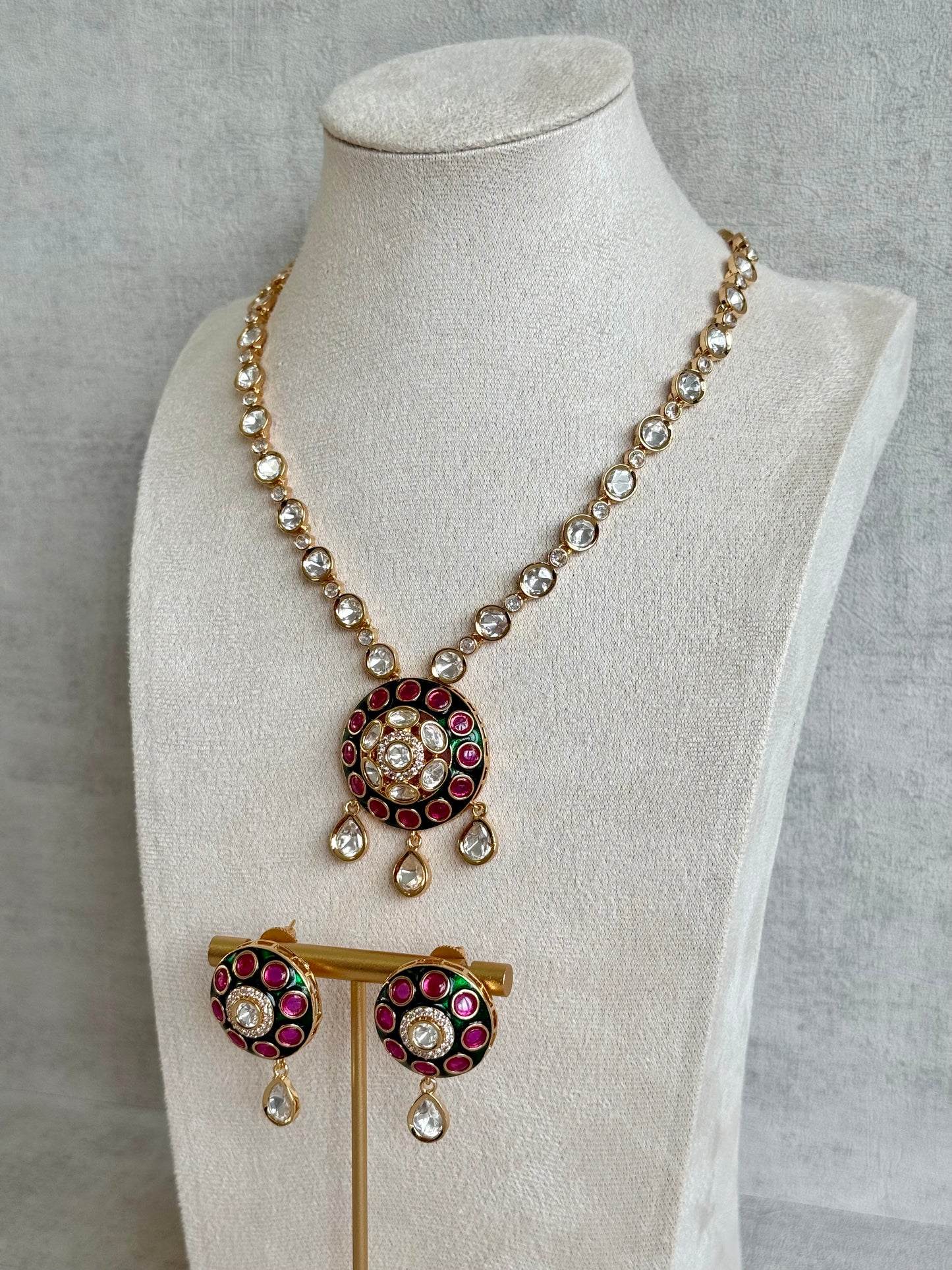 Ayura Designs Jiya Set with Earrings – Round Motif, Pink & Green Meenakari with Crystal Detailing