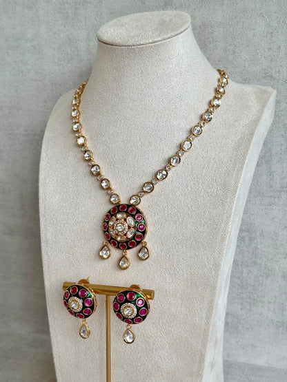 Ayura Designs Jiya Set with Earrings – Round Motif, Pink & Green Meenakari with Crystal Detailing