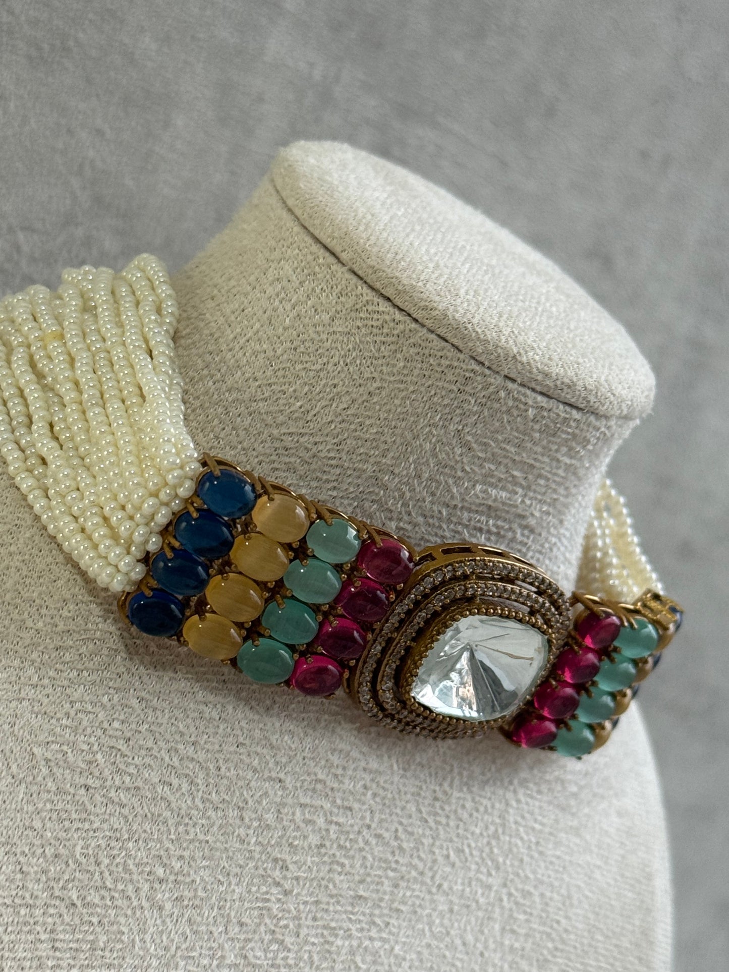 Ayura Designs Emma Choker Set – Multicolour Gemstone Choker & Studs with Mirror-Cut Centrepiece, Pearl Strands & Crystal Borders