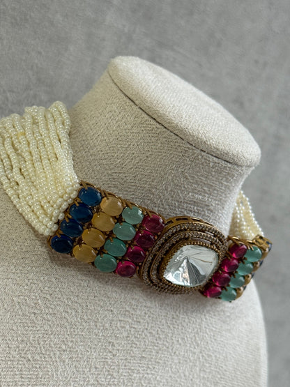 Ayura Designs Emma Choker Set – Multicolour Gemstone Choker & Studs with Mirror-Cut Centrepiece, Pearl Strands & Crystal Borders