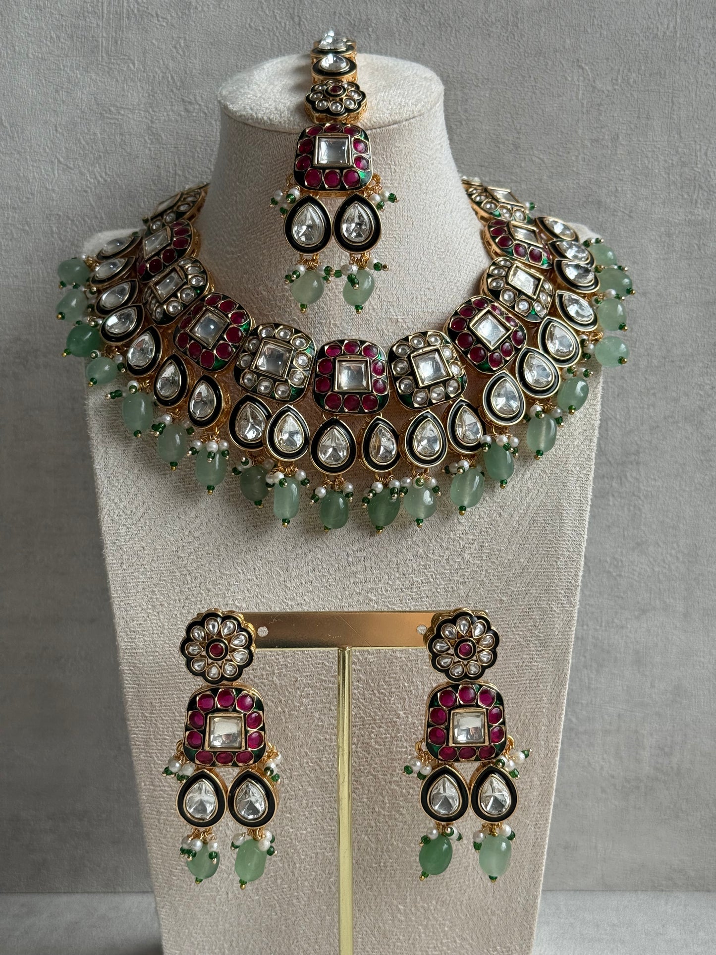 Ayura Designs Salma Set – Necklace, Earrings & Tikka with Mirror-Cut Kundan, Pink & Mint Beads, Emerald Green Meenakari & Gold Finish