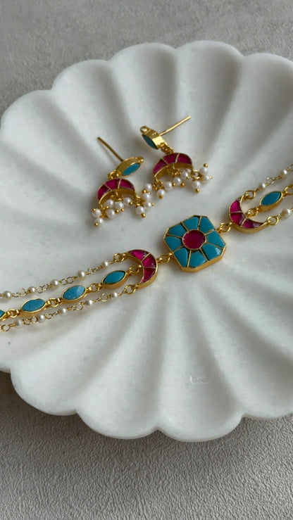 Ayura Designs Mahi Choker Set with Earrings – Meenakari Kundan Turquoise Blue & Hot Pink Detailing