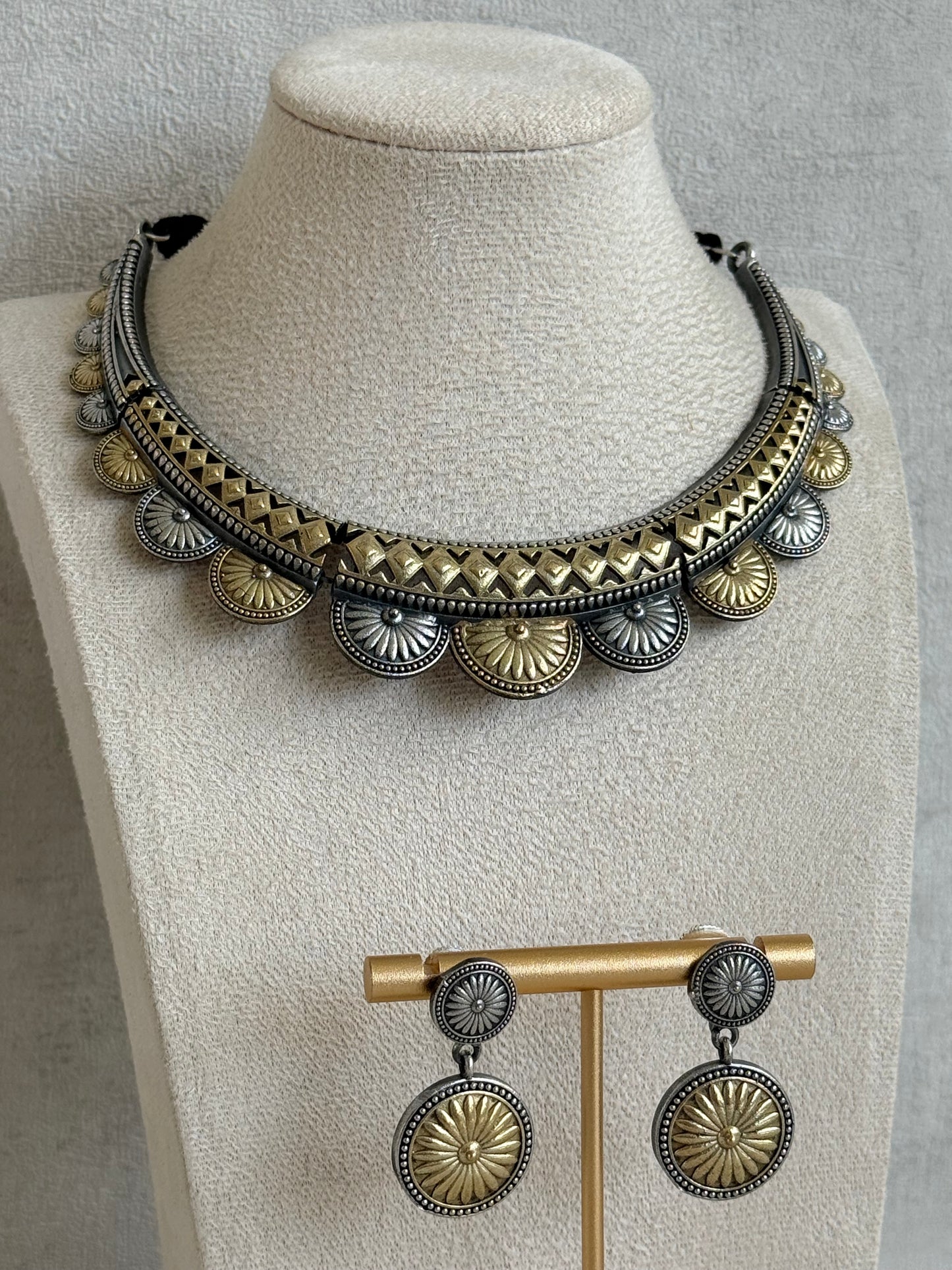 Ayura Designs Surmai Necklace Set with Earrings – Dual Tone Oxidised Necklace with Disc Motifs & Geometric Detailing