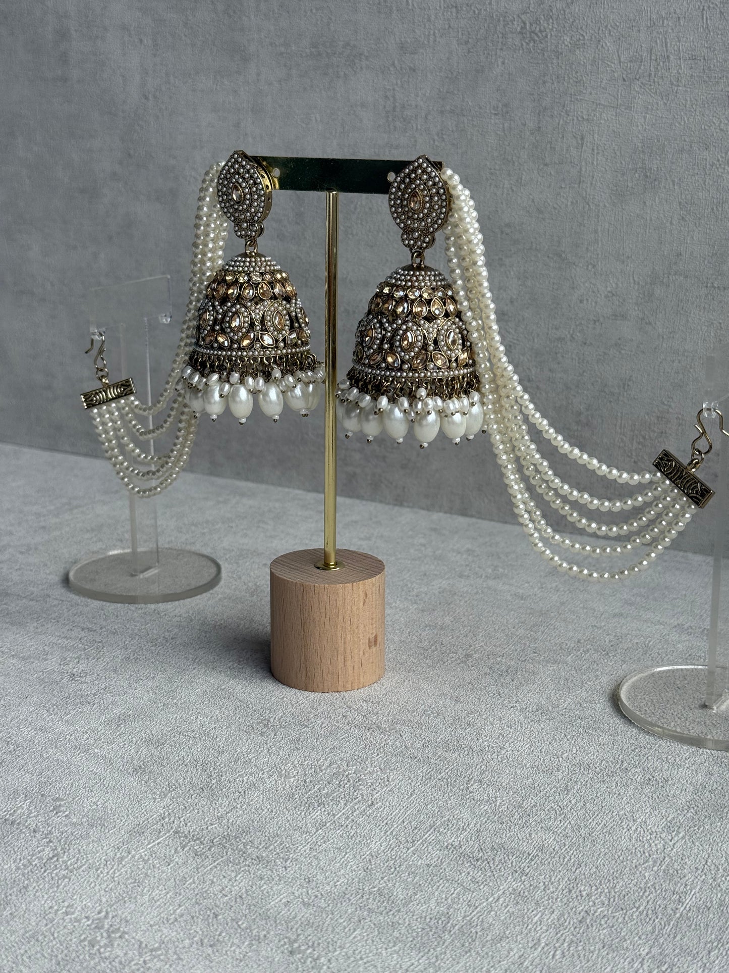 Ayura Designs Amrita Set – Jhumkis with Sahare & Tikka in Ivory Pearls and Antique Gold Finish