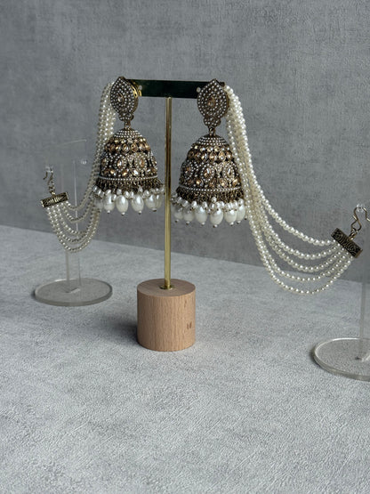 Ayura Designs Amrita Set – Jhumkis with Sahare & Tikka in Ivory Pearls and Antique Gold Finish