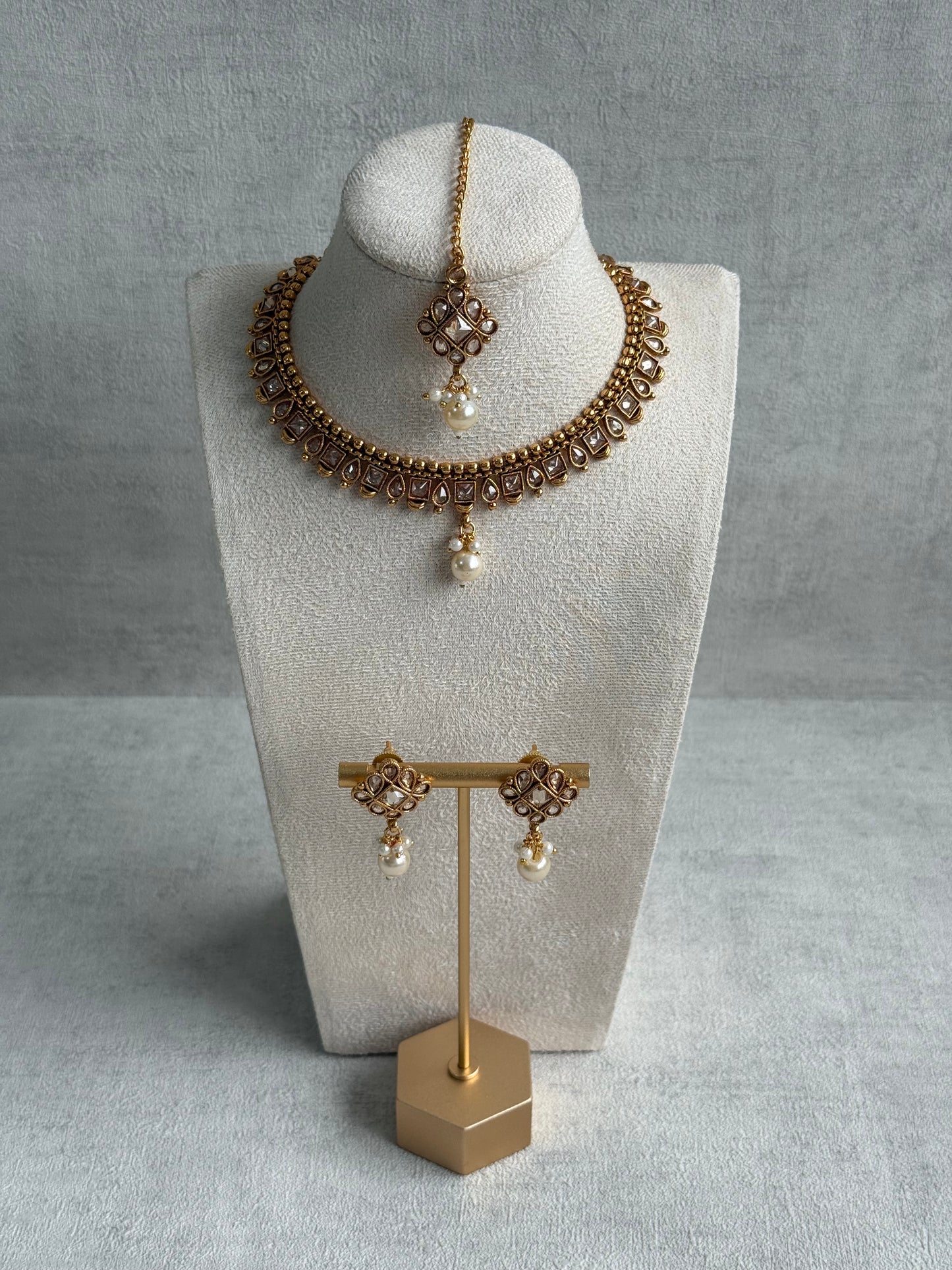 Ayura Designs Hima Set – Necklace, Earrings & Tikka with Mirror-Cut Stones, Pearl Drops & Polished Gold Finish