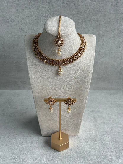 Ayura Designs Hima Set – Necklace, Earrings & Tikka with Mirror-Cut Stones, Pearl Drops & Polished Gold Finish