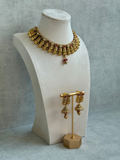 Ayura Designs Aima Necklace Set with Earrings – Antique Gold with Rani Pink Stones