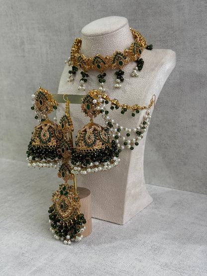 Ayura Designs Noor Set – Choker, Jhumkis with Sahare & Tikka in Emerald Green with Pearl Detailing