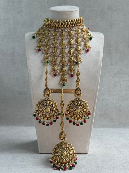 Ayura Designs Karima Choker Set with Sahare Earrings & Tikka – Waterfall Design, Rani Pink & Green Beads, Pearls & Antique Gold Finish