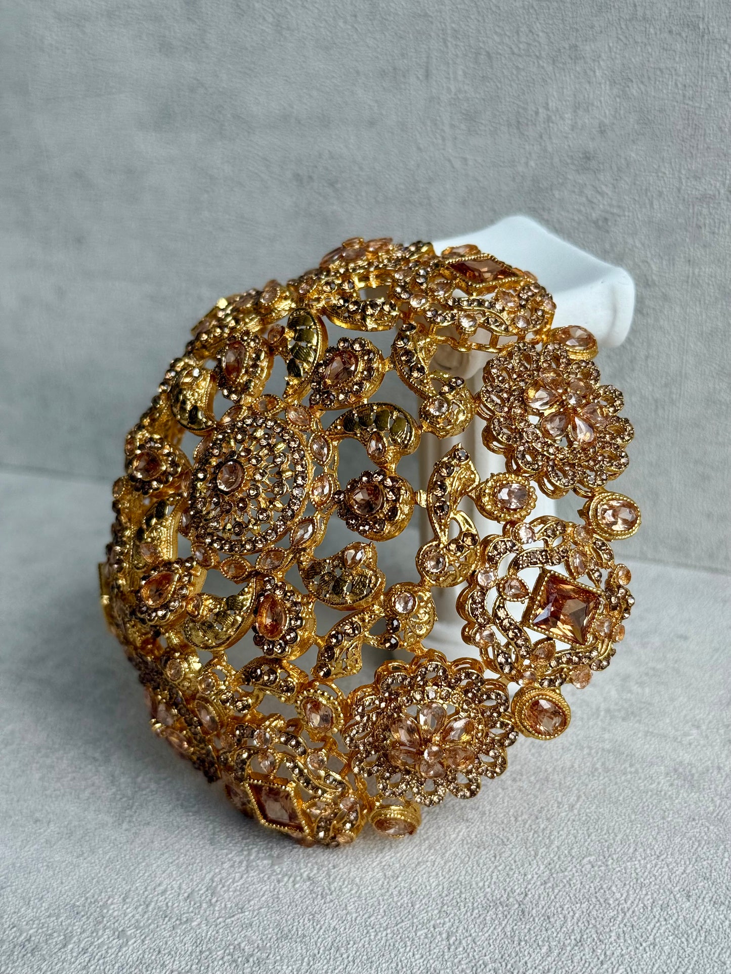 Ayura Designs Lotus Hair Bun Cover – Antique Gold with Champagne Stones & Floral Detailing
