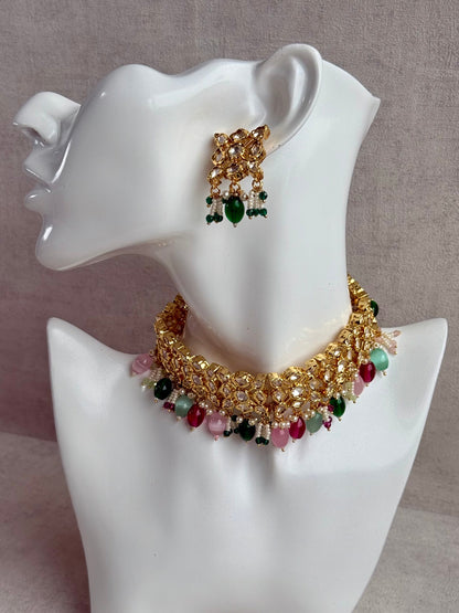 Ayura Designs Navya Choker Set with Earrings – Gold Finish with Moissanite Stones, Lattice Design, Emerald Beads & Pearl Detailing