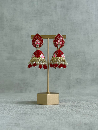 Ayura Designs Gia Jhumkis – Red Meenakari with Pink Lotus Motifs & Ivory Pearl Drops