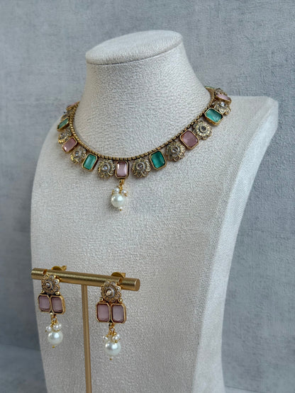 Ayura Designs Padma Necklace Set with Earrings – Blush Pink & Mint Green Stones with Pearl Drop Detailing