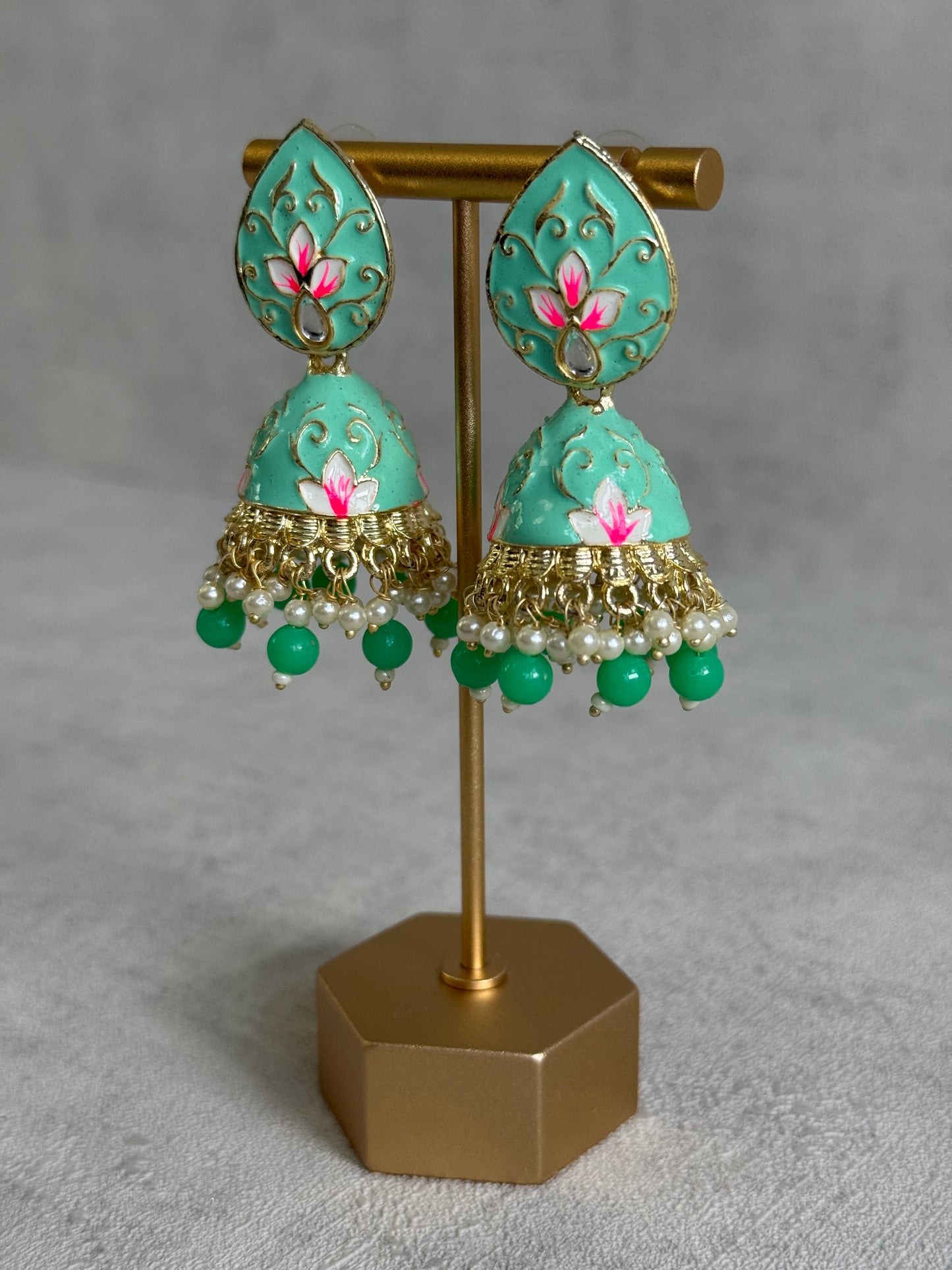 Ayura Designs Gia Jhumkis – Mint Green Meenakari with Pink Lotus Motifs & Ivory Pearl Drops