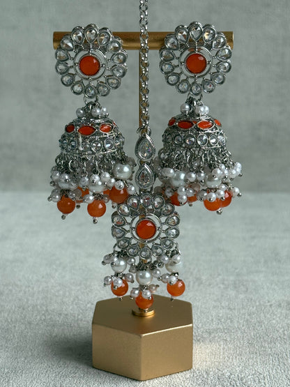 Ayura Designs Barira Set – Necklace, Jhumkis & Tikka with Orange Stones, Pearls & Antique Silver Finish